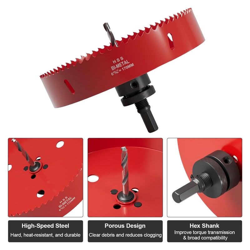 FIVELAKE 6.7" (170mm) Bi-Metal M42 High Speed Steel Hole Saw with Pilot Drill Bit, Smooth Cutting Edge for PVC, Drywall, Wood, Plastic, Gypsum Board, Rubber, Thin Metal - Image 2